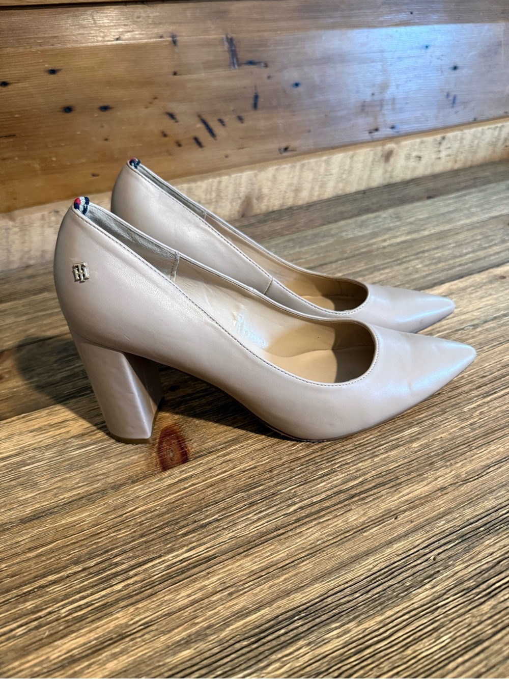 Tommy Hilfiger Beige Pointed Toe Block Heel Pumps